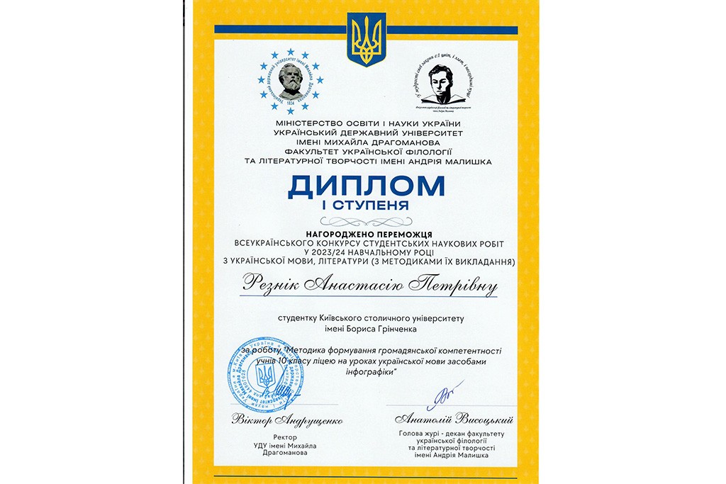 Вітаємо переможницю Всеукраїнського конкурсу студентських наукових робіт з української мови, літератури (з методиками їх викладання) у 2023-2024 н.р.!